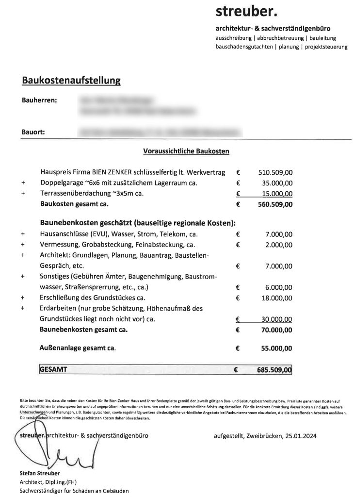 Die Baukostenaufstellung ist ein Dokument, welches Eurer Bank eine erste Schätzung über den finanziellen Umfang Eures Bauvorhabens ermöglicht.