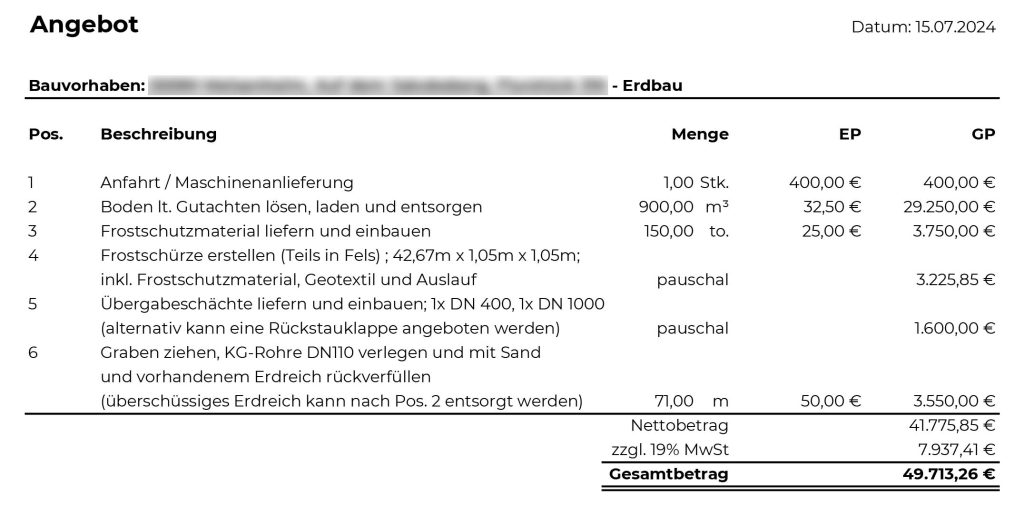 erdbau Angebot neubau Bien-Zenker